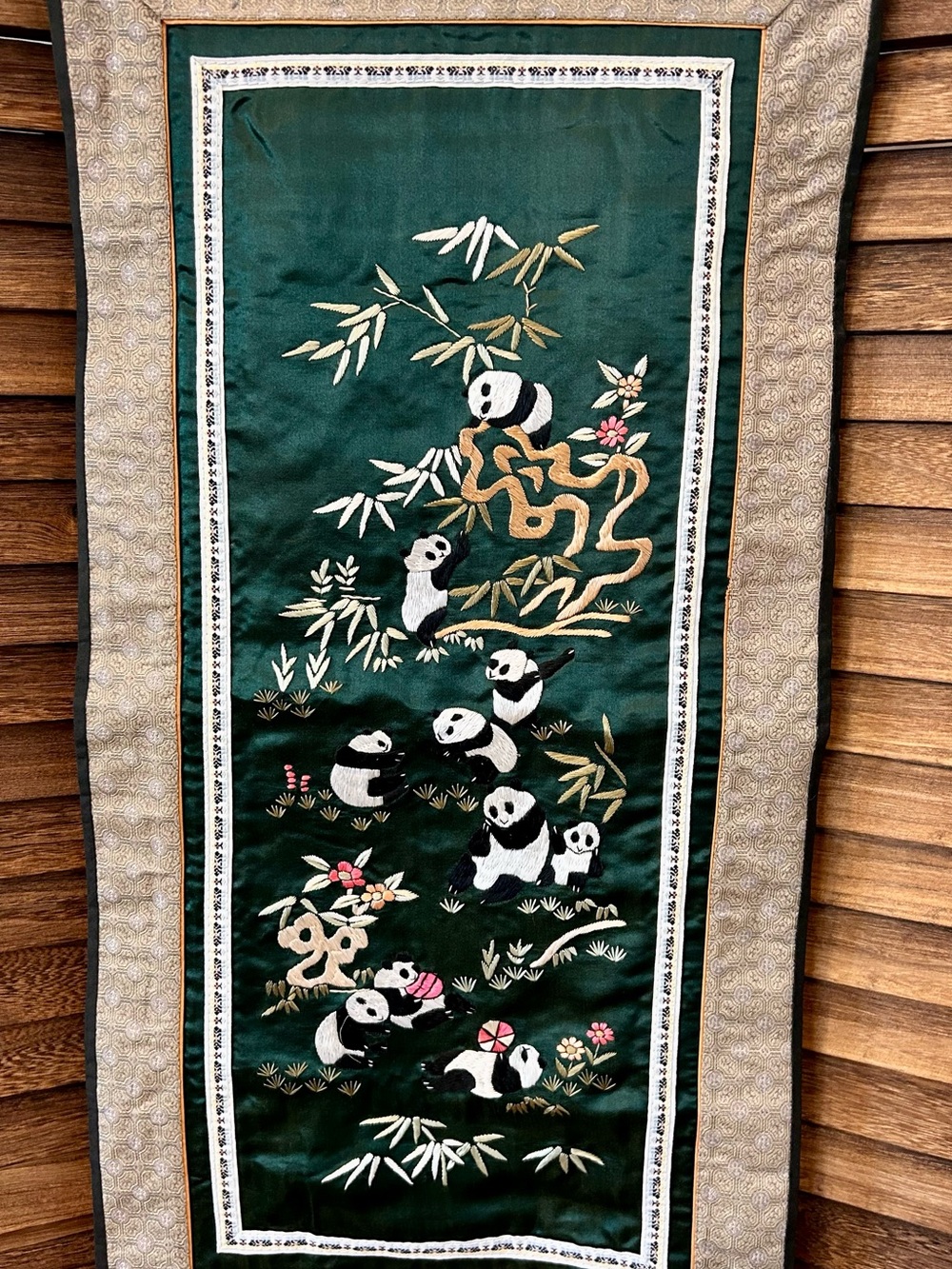 Vintage Chinese Silk Hand-Embroidered Panda Bear Wall Hanging Tapestry